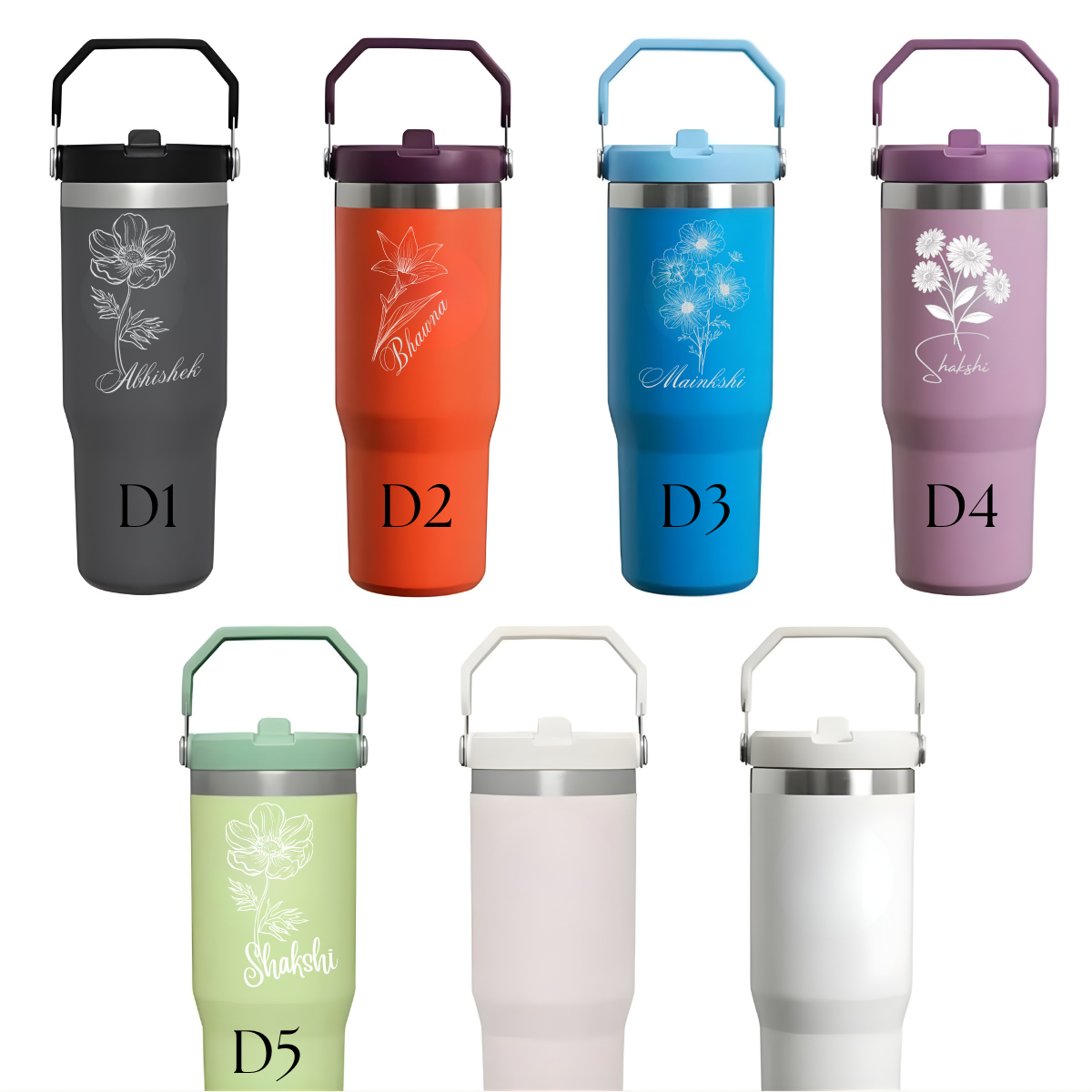 Personalized Floral Name Engraved Stainless Steel Tumbler with Handle (900ml)