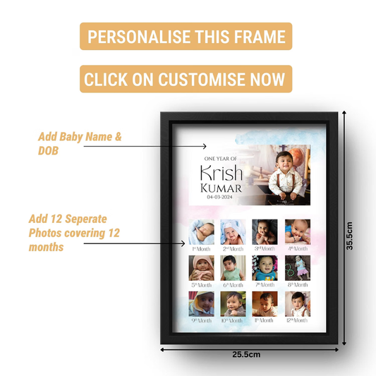Personalized Baby First Year Photo Frame with 12 Month Milestones, Custom Name & Date of Birth (25.5 cm x 35.5 cm)