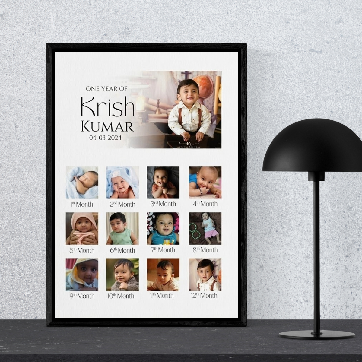Personalized Baby First Year Photo Frame with 12 Month Milestones, Custom Name & Date of Birth (25.5 cm x 35.5 cm)