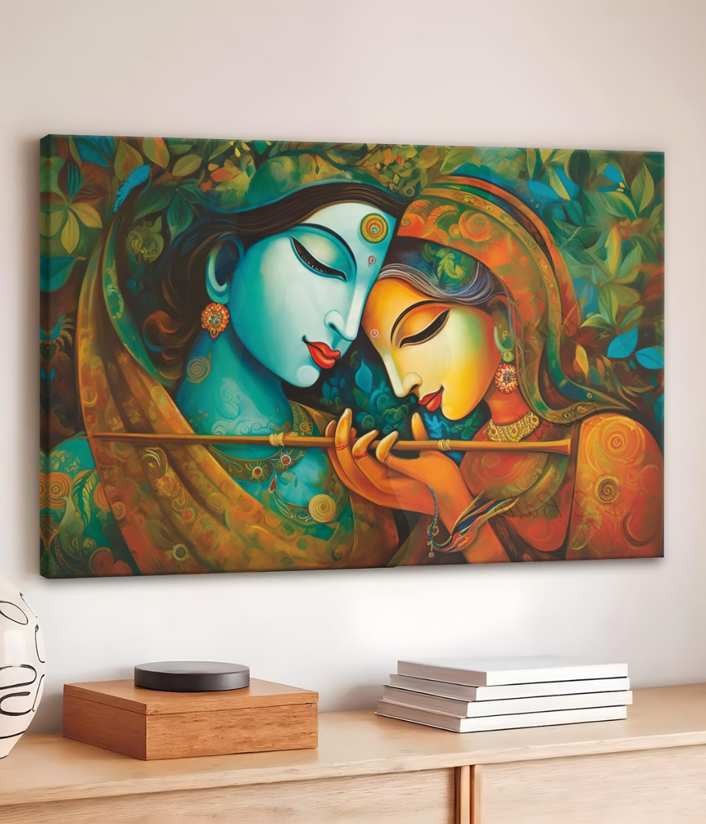 Serenade of Love Radha Krishna Wooden Framed Canvas Painting | Turquoise & Gold Spiritual Wall Art
