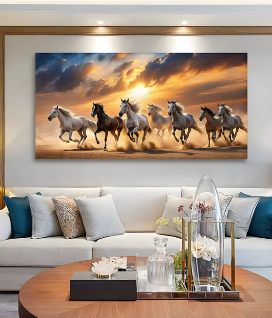 Golden Horizon Seven – Seven Running Horses Wooden Framed Canvas Painting | Modern Vastu Wall Art