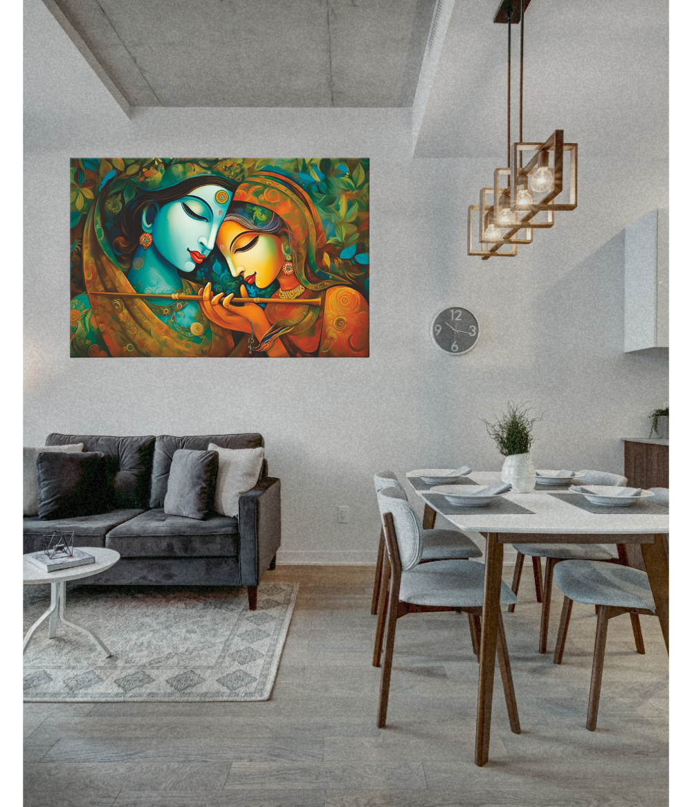 Serenade of Love Radha Krishna Wooden Framed Canvas Painting | Turquoise & Gold Spiritual Wall Art