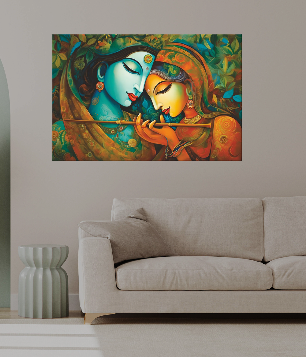 Serenade of Love Radha Krishna Wooden Framed Canvas Painting | Turquoise & Gold Spiritual Wall Art