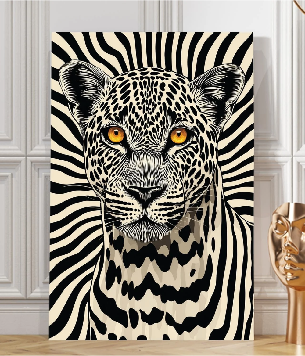 Monochrome Apex Leopard Wooden Framed Canvas Painting | Bold Black & White Optical Art Wall Decor