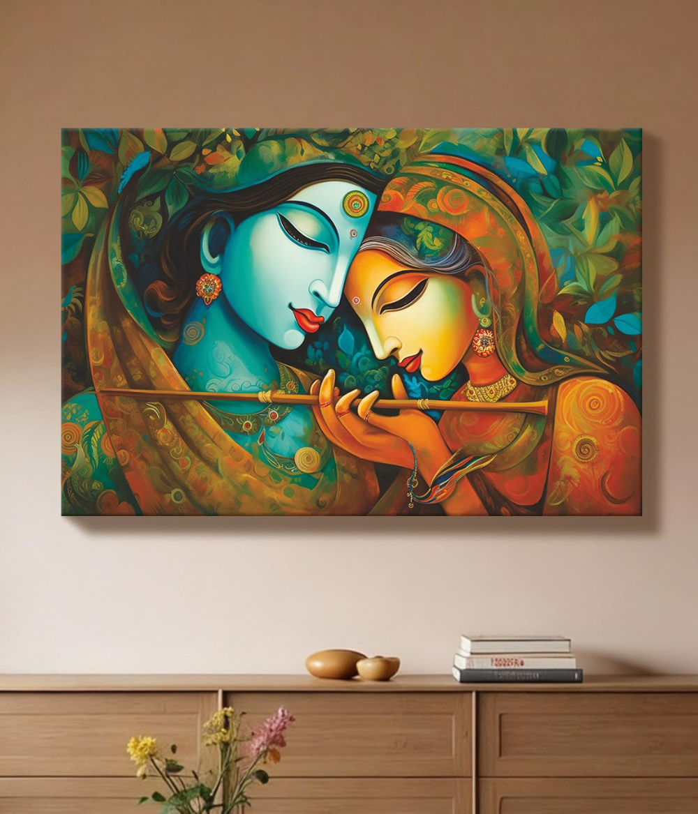 Serenade of Love Radha Krishna Wooden Framed Canvas Painting | Turquoise & Gold Spiritual Wall Art