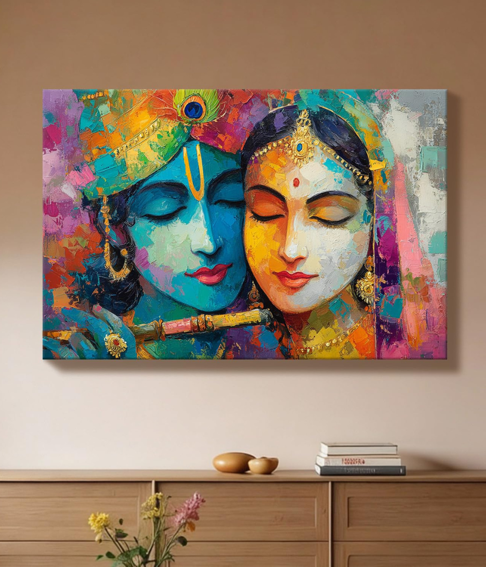 Divine Harmony Radha Krishna Wooden Framed Canvas Painting | Vibrant Abstract Spiritual Wall Art