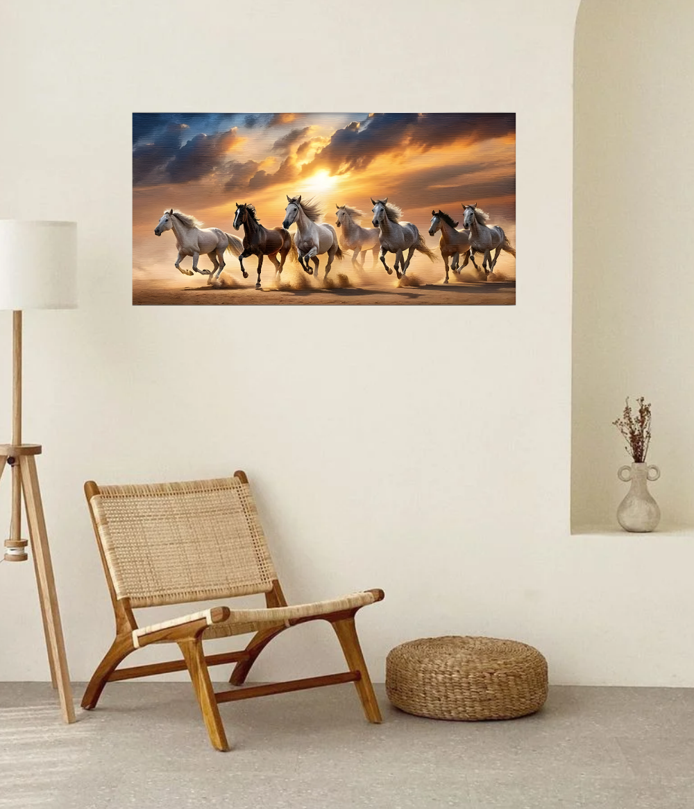 Golden Horizon Seven – Seven Running Horses Wooden Framed Canvas Painting | Modern Vastu Wall Art