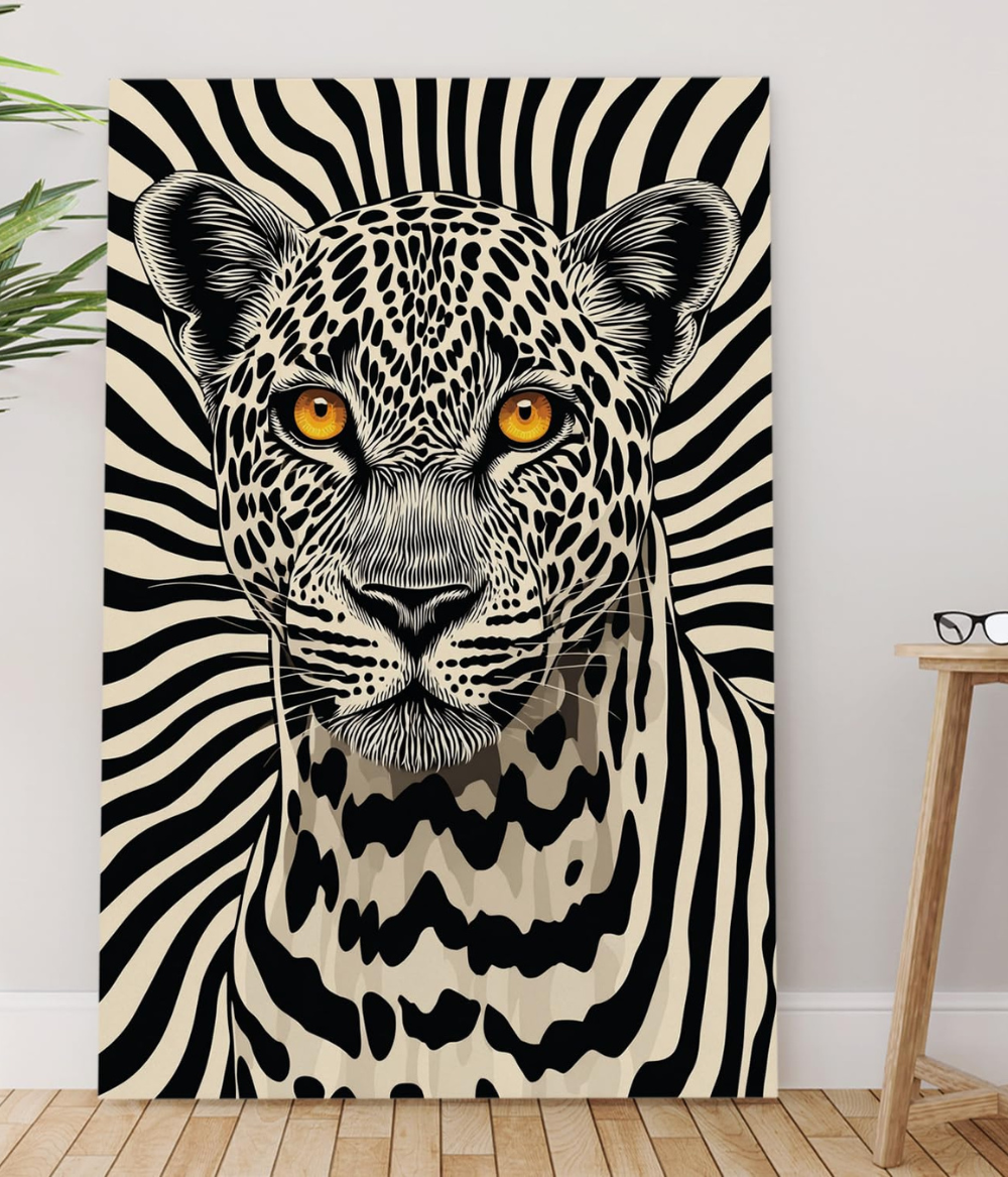Monochrome Apex Leopard Wooden Framed Canvas Painting | Bold Black & White Optical Art Wall Decor