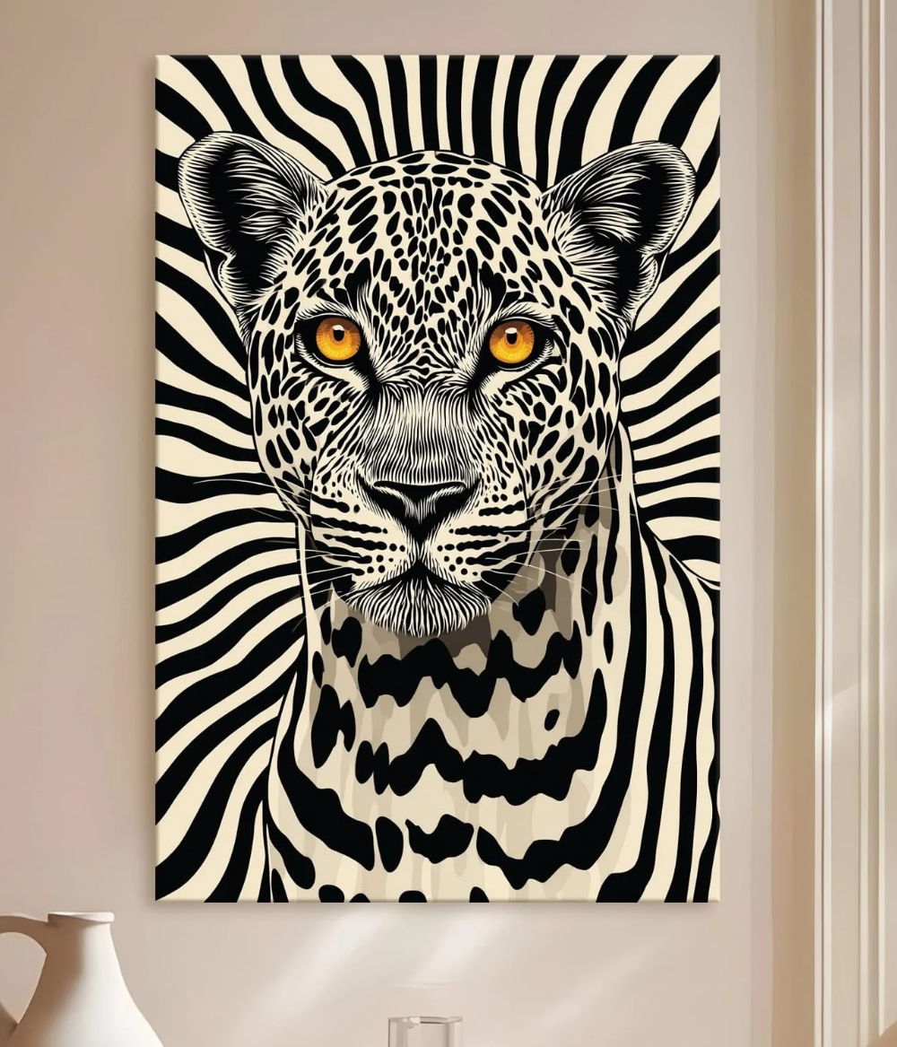 Monochrome Apex Leopard Wooden Framed Canvas Painting | Bold Black & White Optical Art Wall Decor