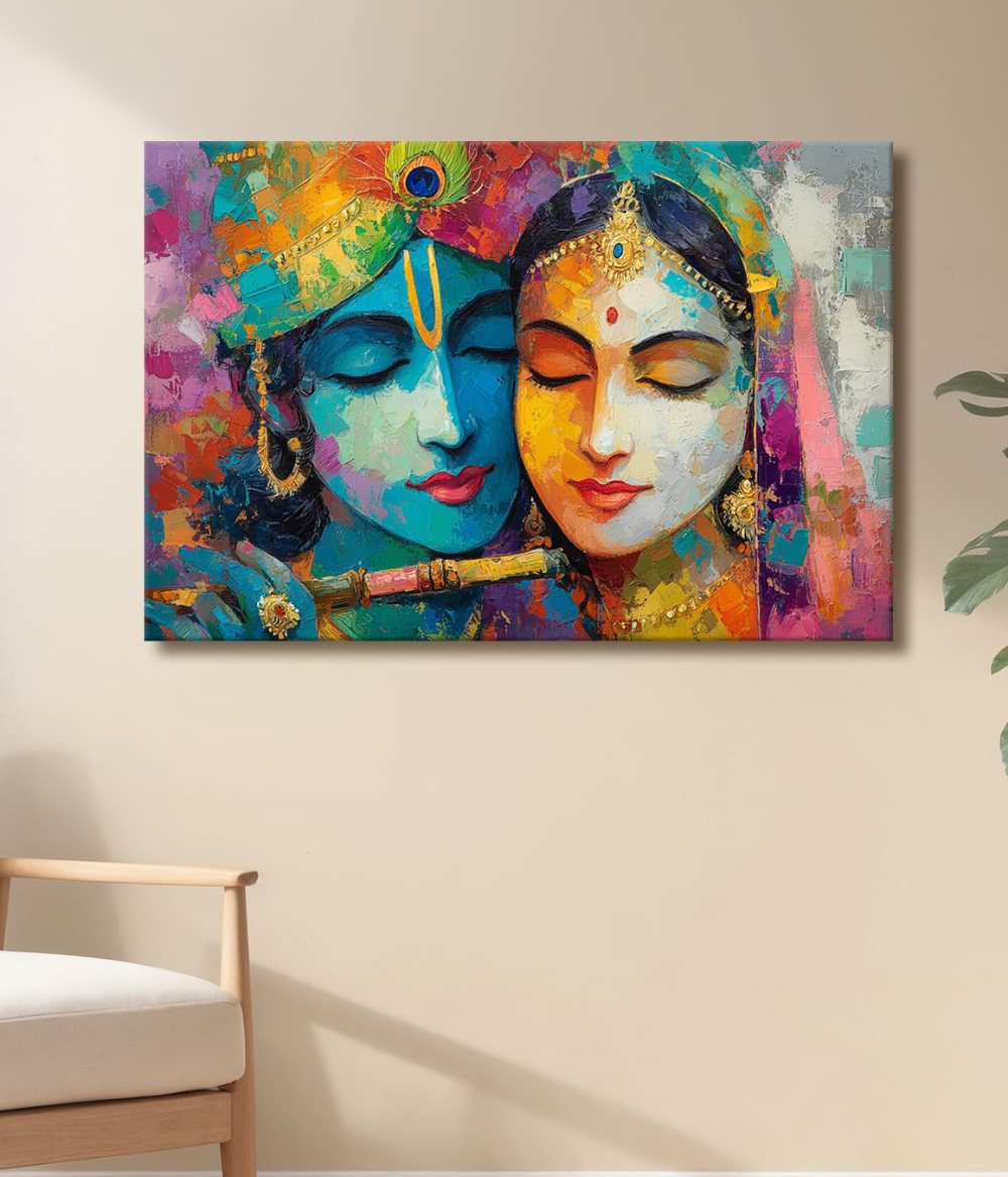 Divine Harmony Radha Krishna Wooden Framed Canvas Painting | Vibrant Abstract Spiritual Wall Art