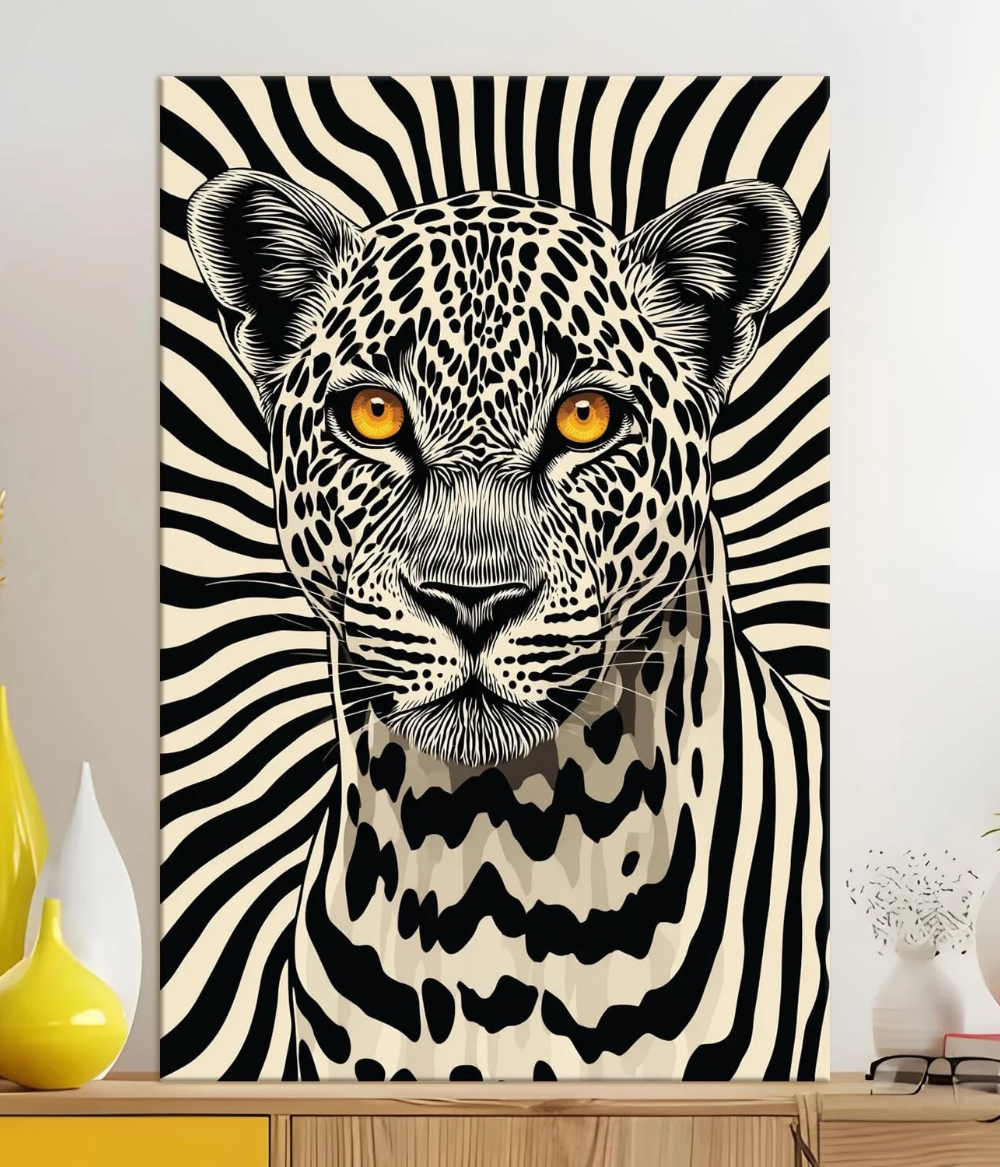 Monochrome Apex Leopard Wooden Framed Canvas Painting | Bold Black & White Optical Art Wall Decor