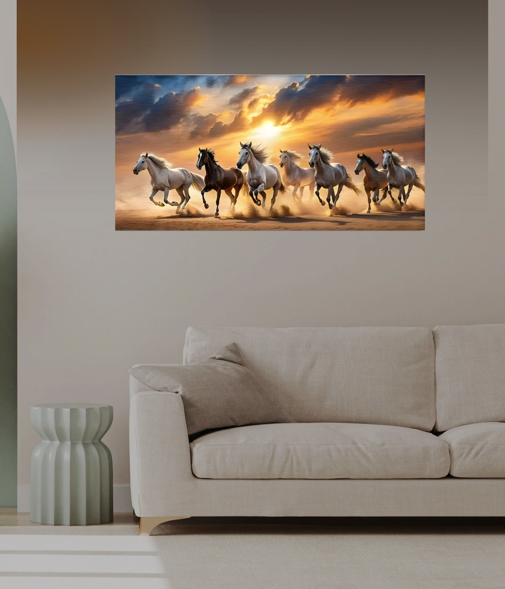 Golden Horizon Seven – Seven Running Horses Wooden Framed Canvas Painting | Modern Vastu Wall Art