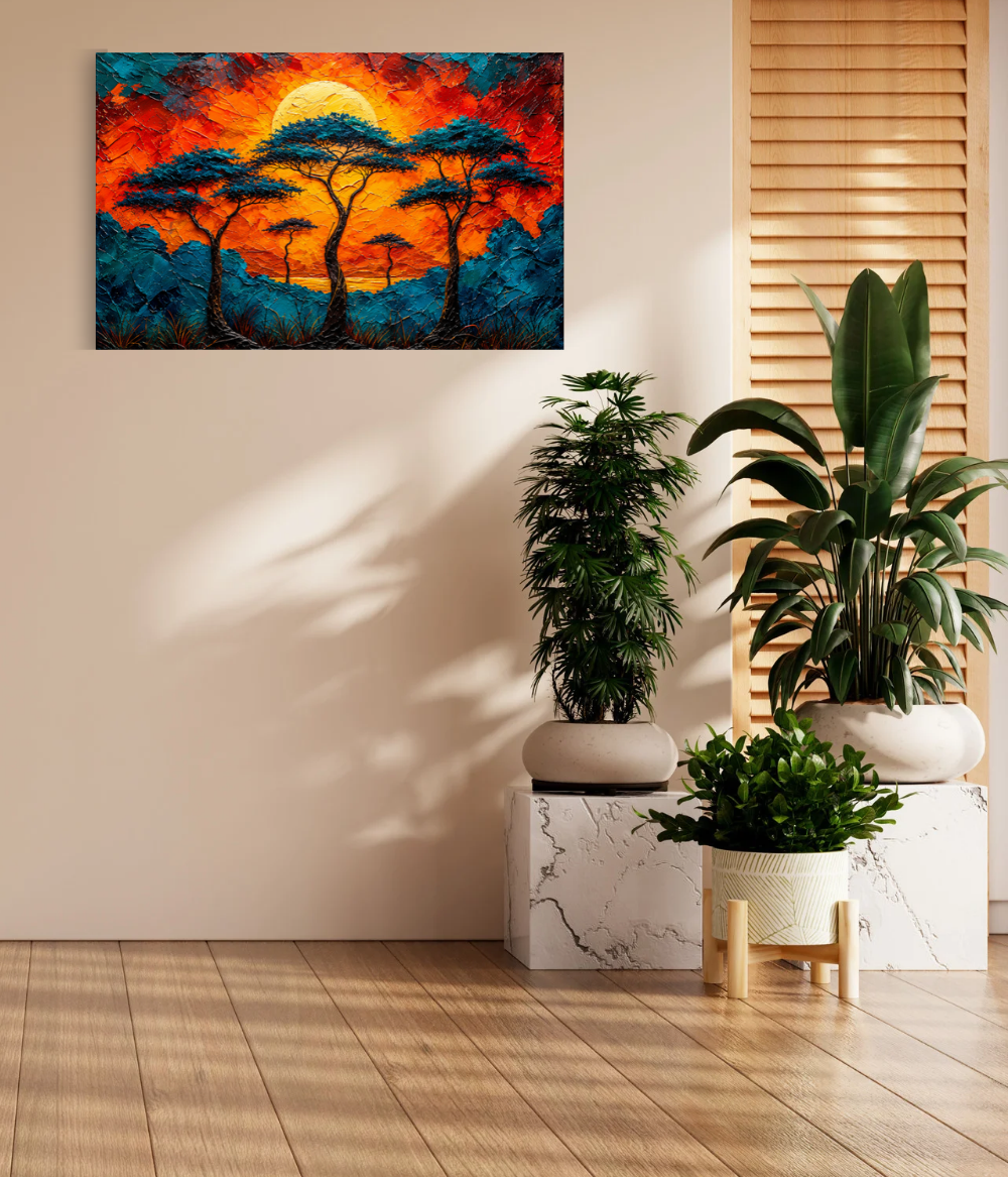 Vibrant Sunset African Acacia Tree Canvas Wall Art | Maximalist Landscape Wall Art