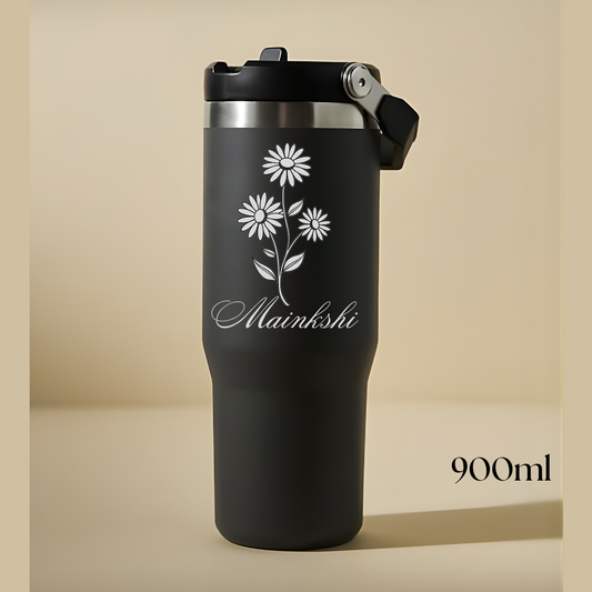Personalized Floral Name Engraved Stainless Steel Tumbler with Handle (900ml)