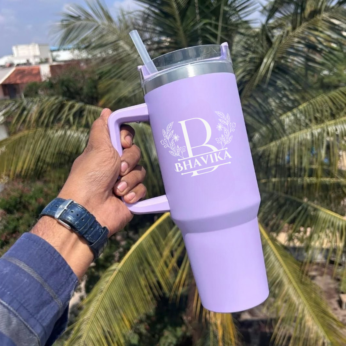 Personalized Name & Monogram Stainless Steel Tumbler with Handle (1200ml / 40oz)