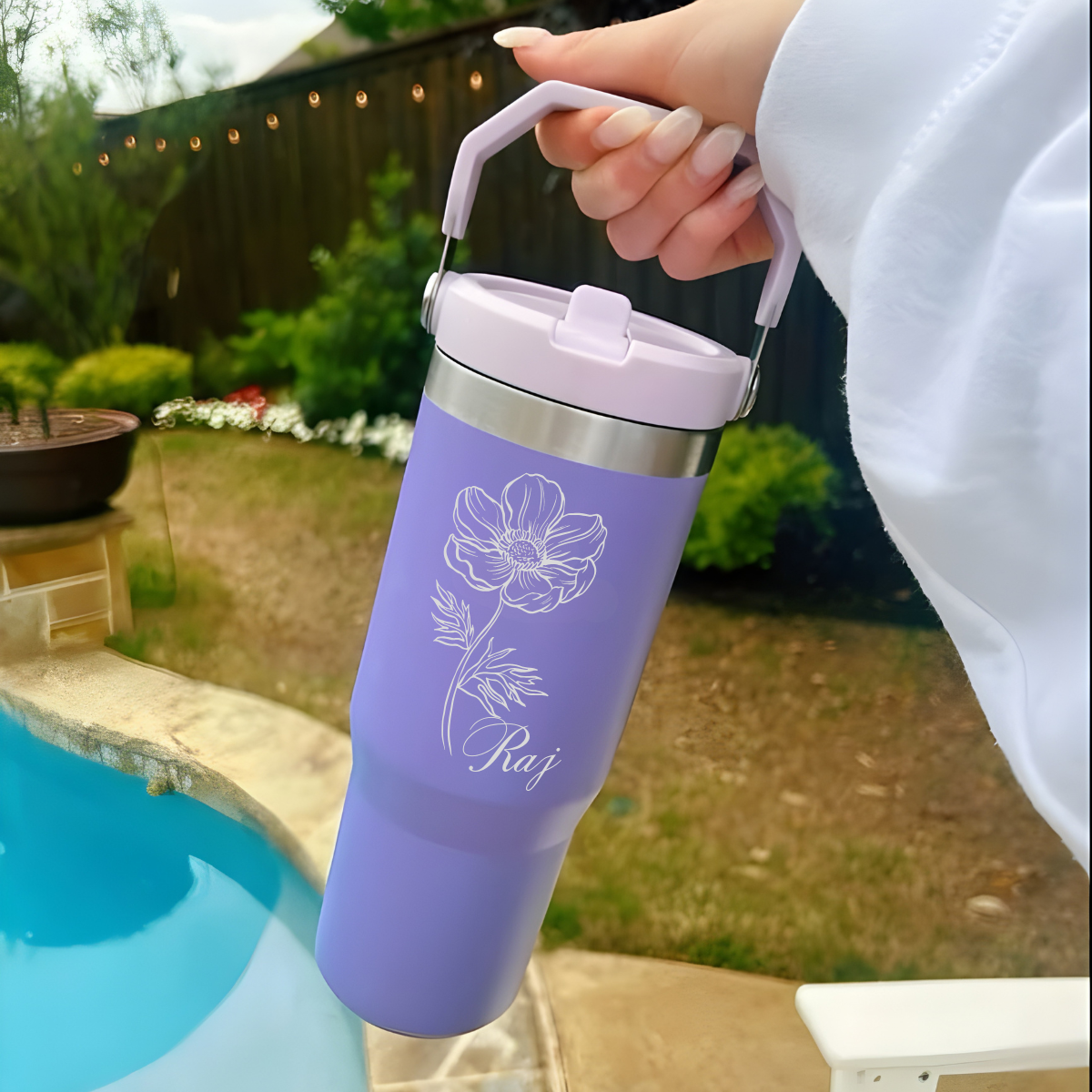 Personalized Floral Name Engraved Stainless Steel Tumbler with Handle (900ml)