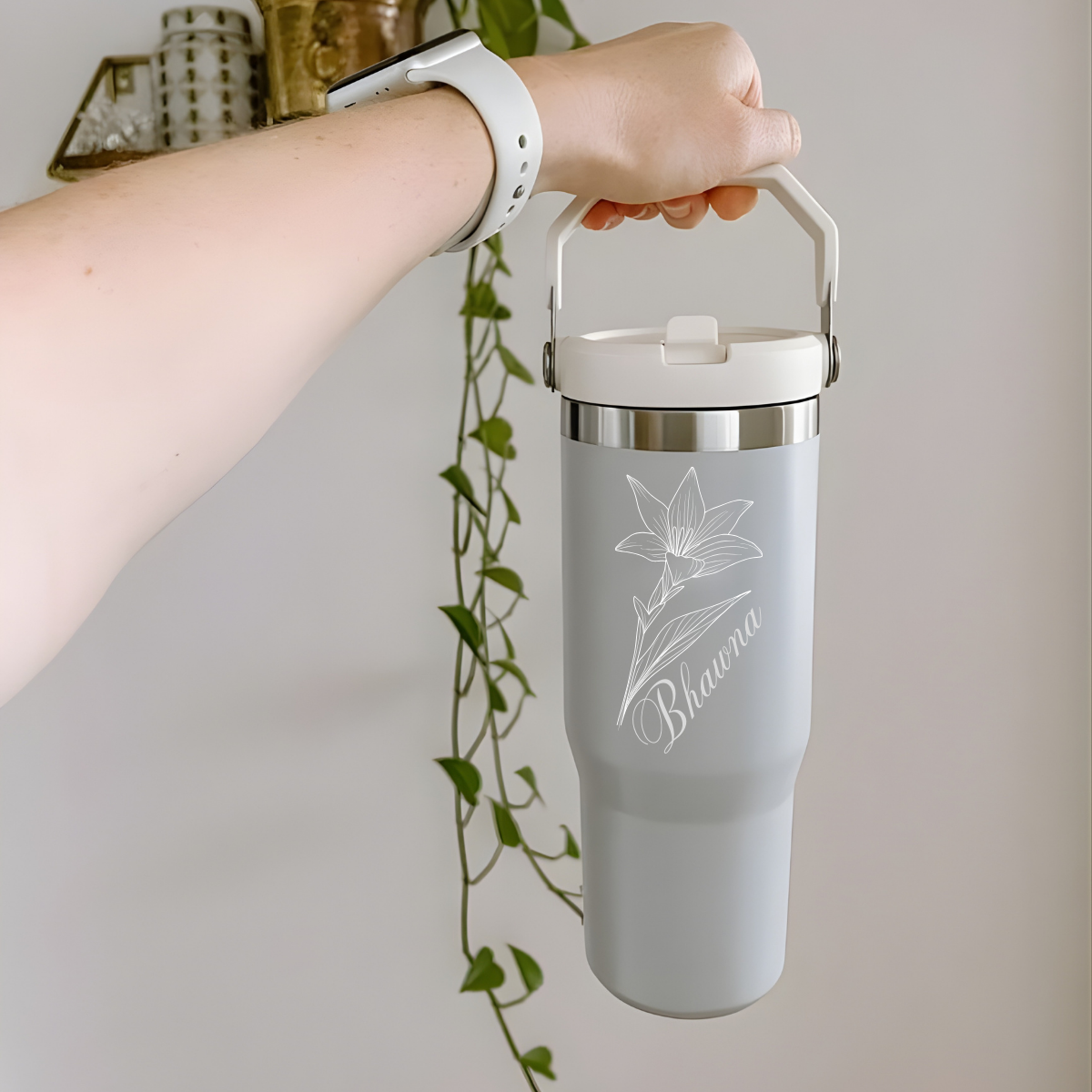 Personalized Floral Name Engraved Stainless Steel Tumbler with Handle (900ml)