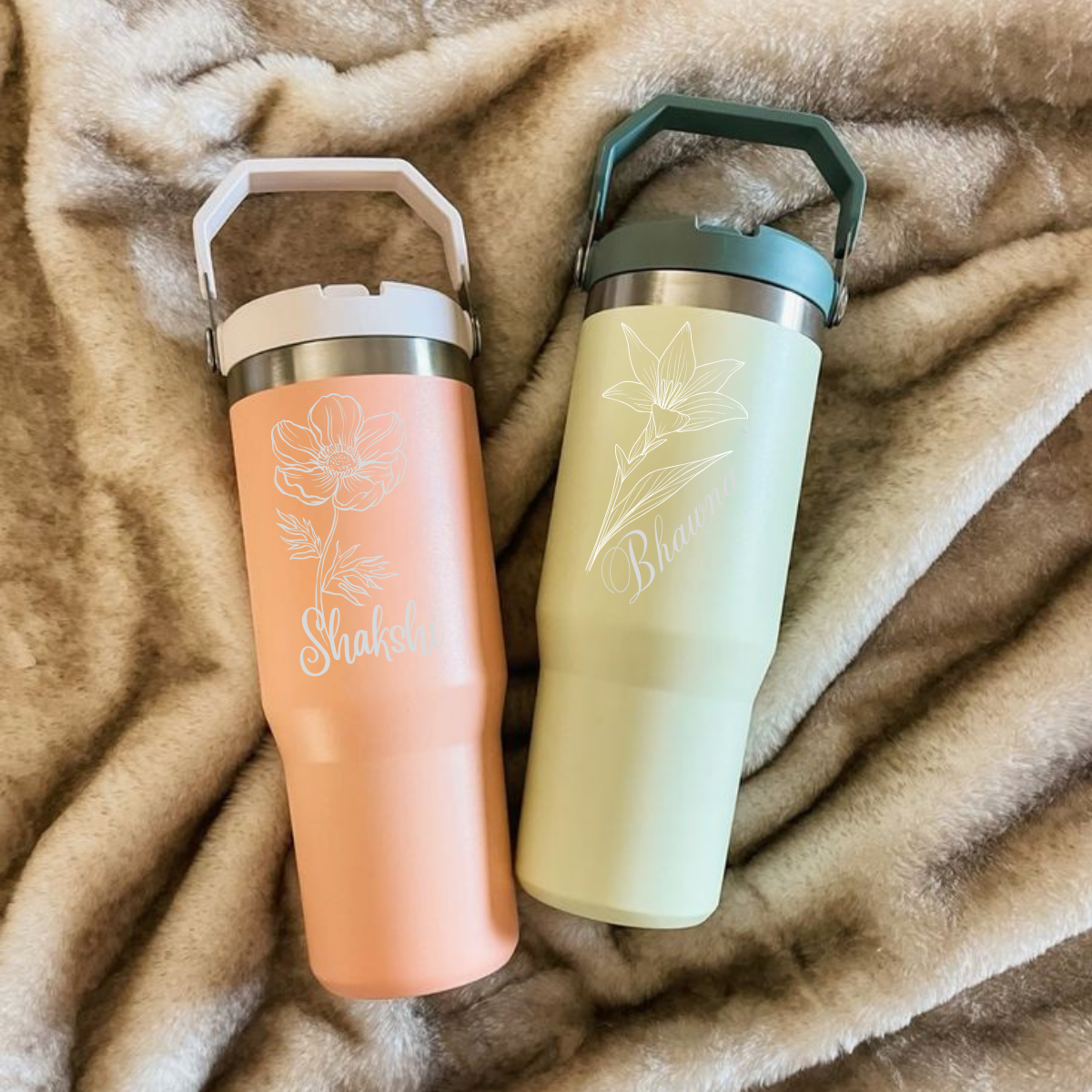 Personalized Floral Name Engraved Stainless Steel Tumbler with Handle (900ml)
