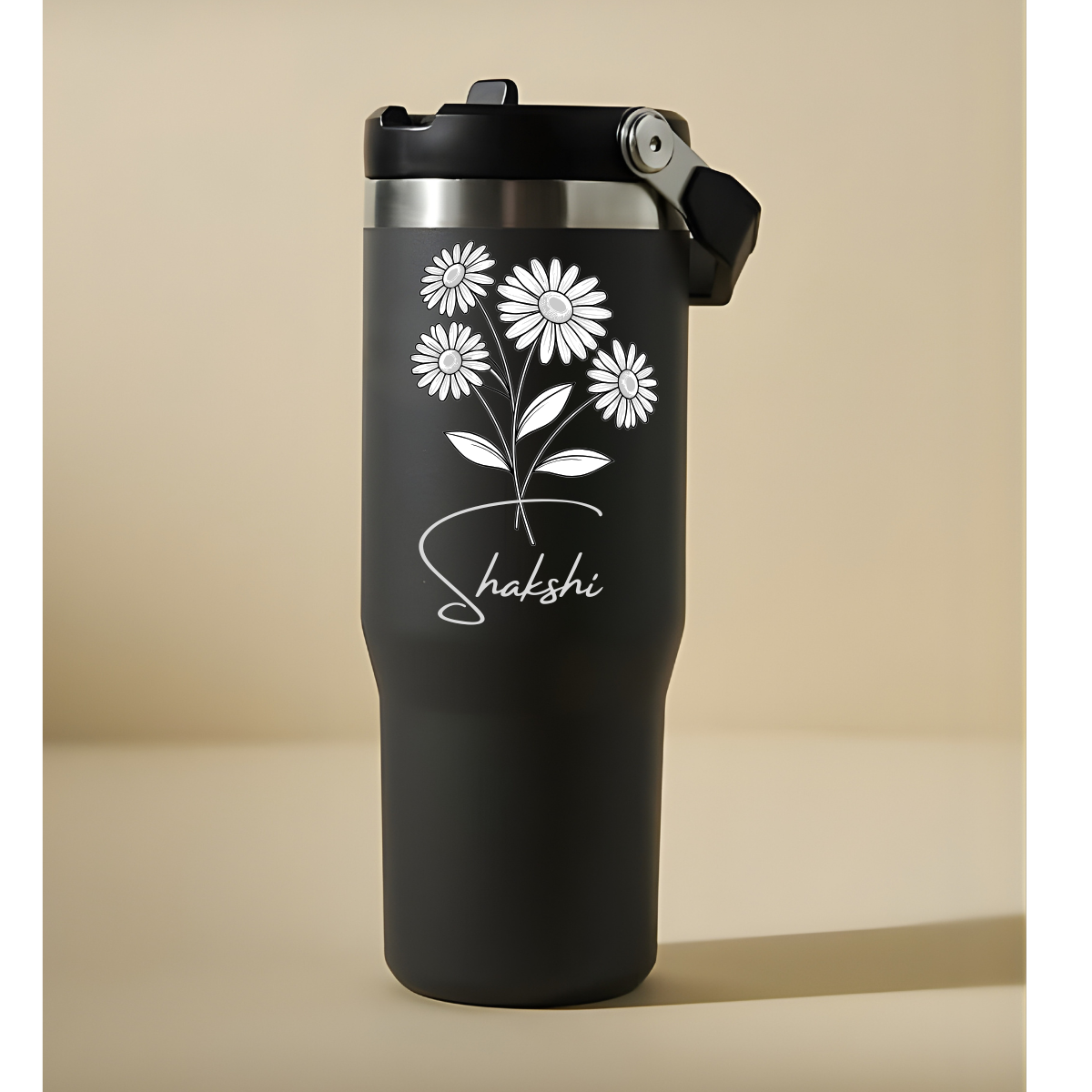 Personalized Floral Name Engraved Stainless Steel Tumbler with Handle (900ml)