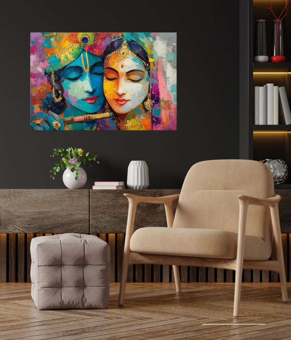 Divine Harmony Radha Krishna Wooden Framed Canvas Painting | Vibrant Abstract Spiritual Wall Art