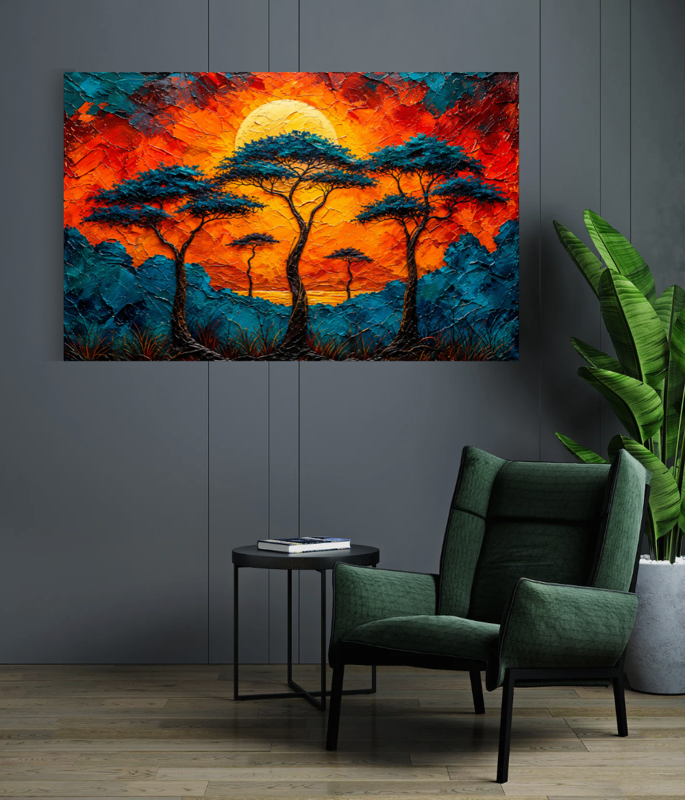 Vibrant Sunset African Acacia Tree Canvas Wall Art | Maximalist Landscape Wall Art