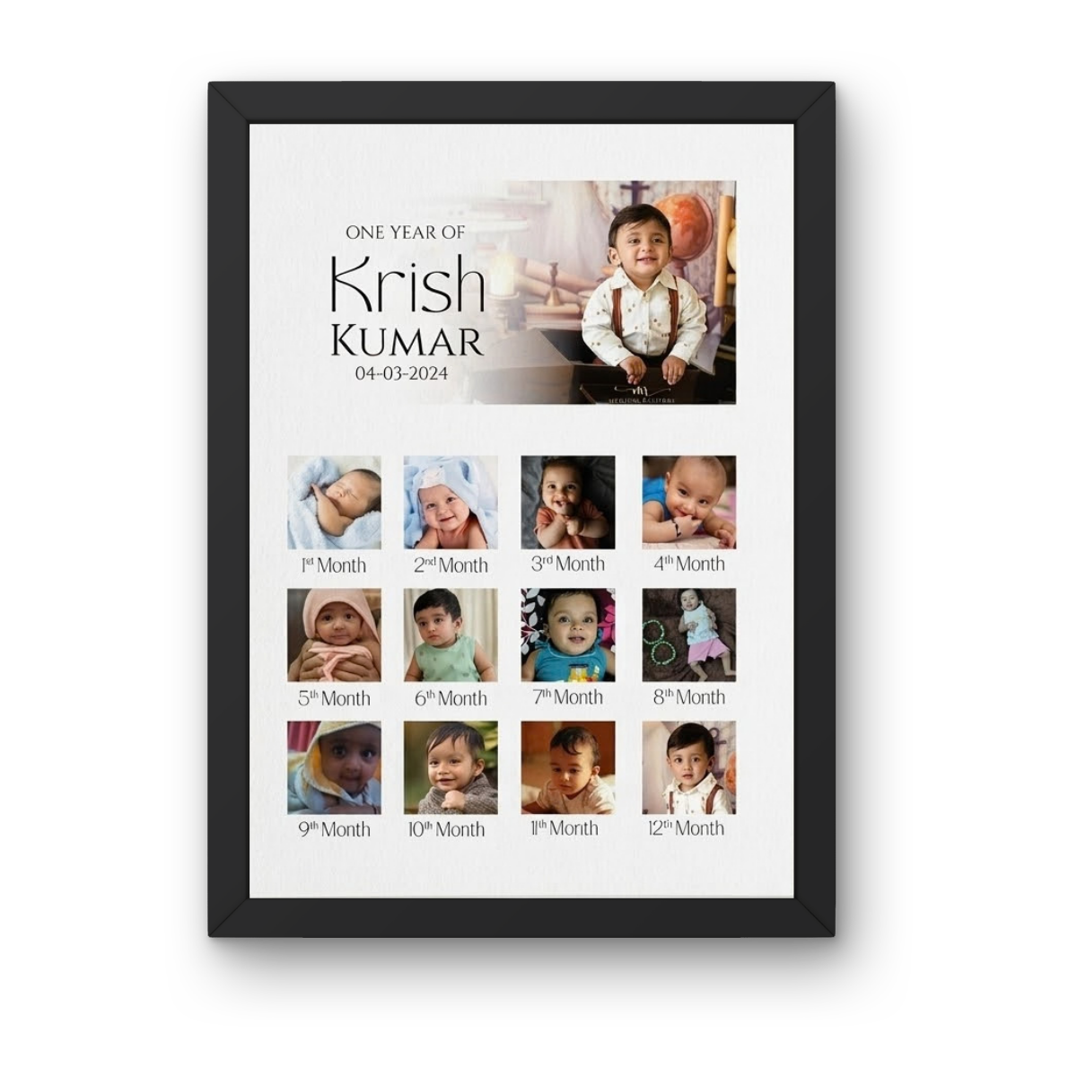 Personalized Baby First Year Photo Frame with 12 Month Milestones, Custom Name & Date of Birth (25.5 cm x 35.5 cm)