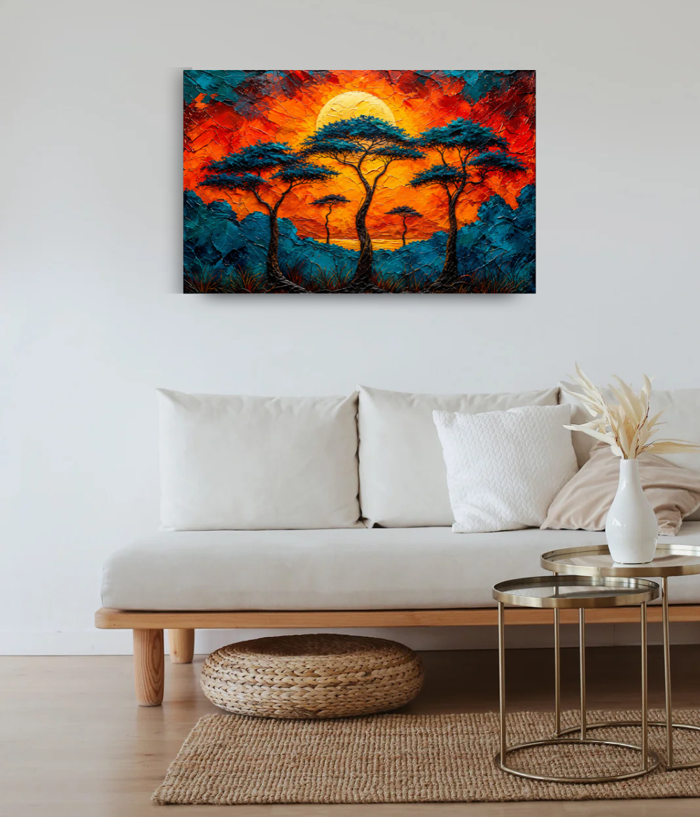 Vibrant Sunset African Acacia Tree Canvas Wall Art | Maximalist Landscape Wall Art