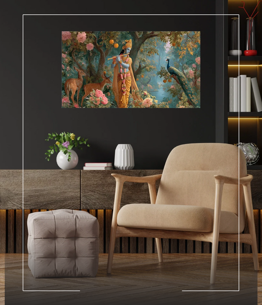 Divine Radha Krishna Forest Serenade Wooden Framed Canvas Painting | Spiritual & Aesthetic Wall Art