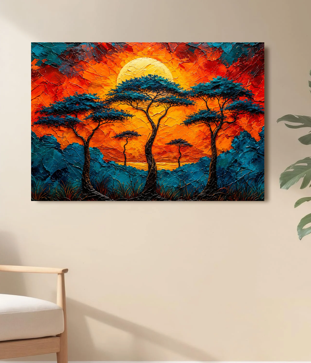 Vibrant Sunset African Acacia Tree Canvas Wall Art | Maximalist Landscape Wall Art