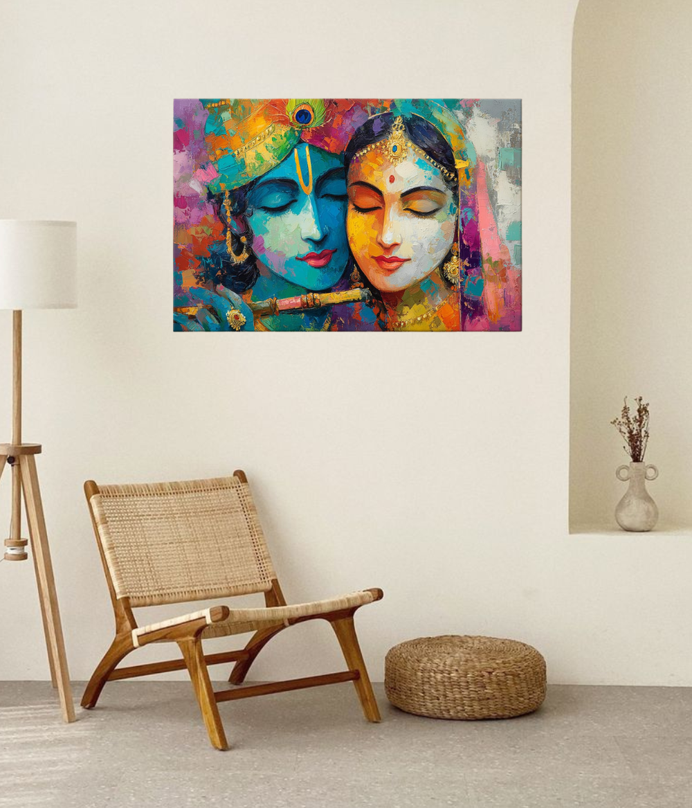 Divine Harmony Radha Krishna Wooden Framed Canvas Painting | Vibrant Abstract Spiritual Wall Art